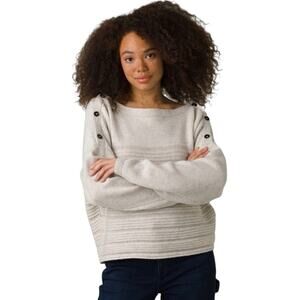prAna WMNS Phono Sweater L Gray Wool Blend Boatneck Button Shoulder Drop Sleeve